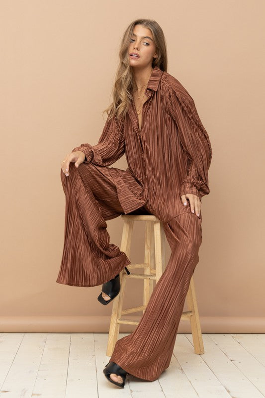 Pleated Blouse Pants Set - Elysian Couture